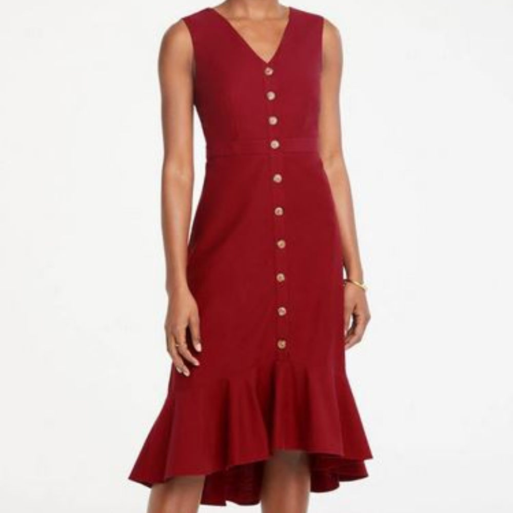 Sleeveless Copper Button Front Fluted Midi Dress